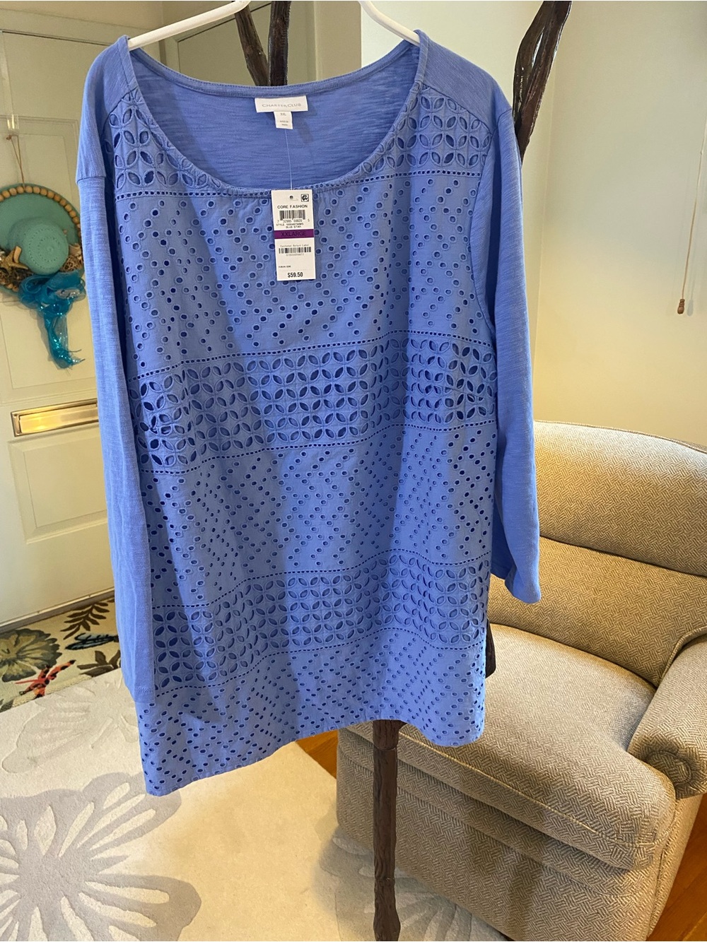 Charter Club Blue Star Eyelet Cotton 3/4 Sleeve Top 
XXL